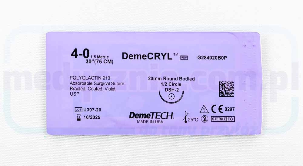Nić Chirurgiczna DEMECRYL (wchłanialna) 5/0 75cm fioletowa z zaokrągloną igłą 1/2 17mm DEMETECH 1 szt